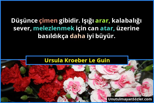 Ursula Kroeber Le Guin - Düşünce çimen gibidir. Işığı arar, kalabalığı sever, melezlenmek için can atar, üzerine basıldıkça daha iyi büyür....