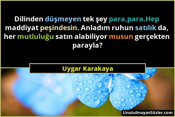 Uygar Karakaya - Dilinden düşmeyen tek şey para,para.Hep maddiyat peşindesin. Anladım ruhun satılık da, her mutluluğu satın alabiliyor musun gerçekten...