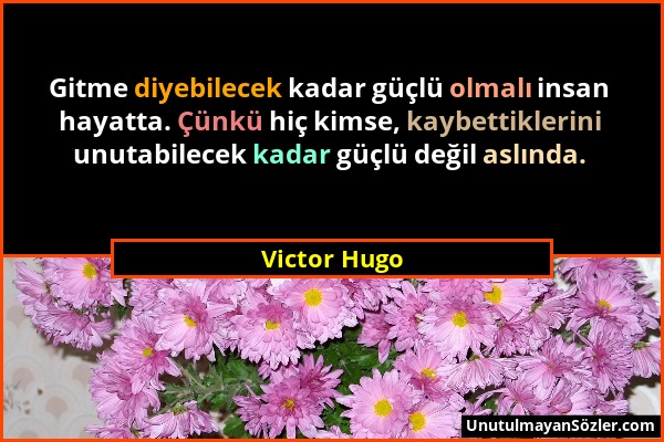 Victor Hugo - Gitme diyebilecek kadar güçlü olmalı insan hayatta. Çünkü hiç kimse, kaybettiklerini unutabilecek kadar güçlü değil aslında....