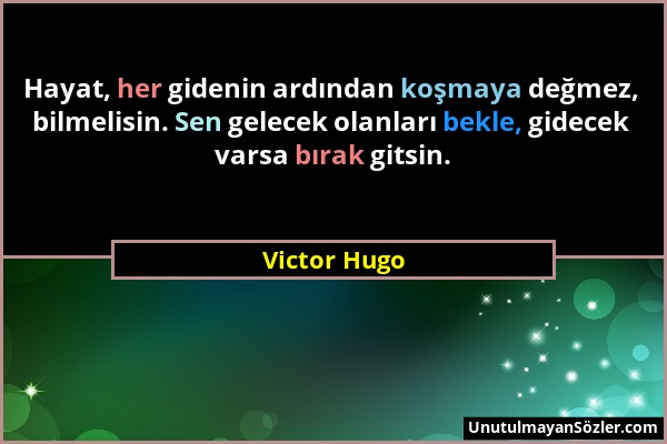 Victor Hugo - Hayat, her gidenin ardından koşmaya değmez, bilmelisin. Sen gelecek olanları bekle, gidecek varsa bırak gitsin....