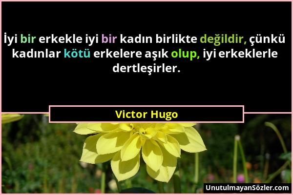 Victor Hugo - İyi bir erkekle iyi bir kadın birlikte değildir, çünkü kadınlar kötü erkelere aşık olup, iyi erkeklerle dertleşirler....