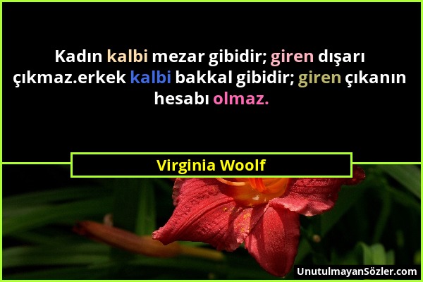 Virginia Woolf - Kadın kalbi mezar gibidir; giren dışarı çıkmaz.erkek kalbi bakkal gibidir; giren çıkanın hesabı olmaz....