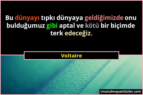 Voltaire - Bu dünyayı tıpkı dünyaya geldiğimizde onu bulduğumuz gibi aptal ve kötü bir biçimde terk edeceğiz....