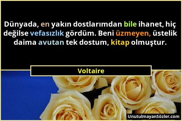 Voltaire - Dünyada, en yakın dostlarımdan bile ihanet, hiç değilse vefasızlık gördüm. Beni üzmeyen, üstelik daima avutan tek dostum, kitap olmuştur....