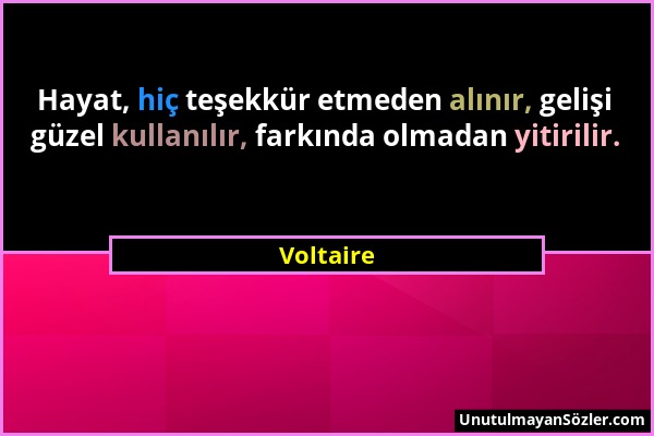 Voltaire - Hayat, hiç teşekkür etmeden alınır, gelişi güzel kullanılır, farkında olmadan yitirilir....