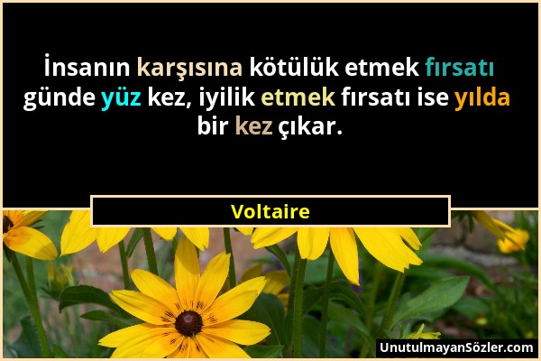 Voltaire - İnsanın karşısına kötülük etmek fırsatı günde yüz kez, iyilik etmek fırsatı ise yılda bir kez çıkar....