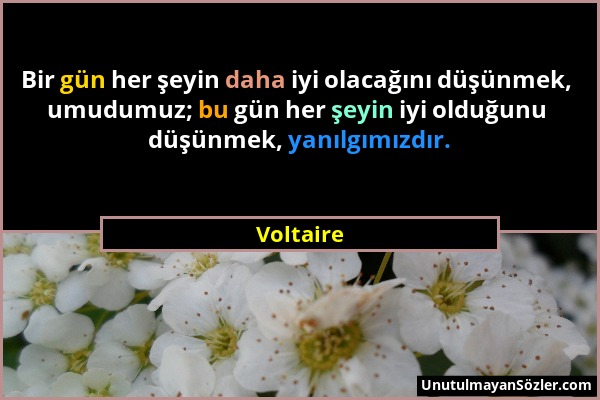 Voltaire - Bir gün her şeyin daha iyi olacağını düşünmek, umudumuz; bu gün her şeyin iyi olduğunu düşünmek, yanılgımızdır....