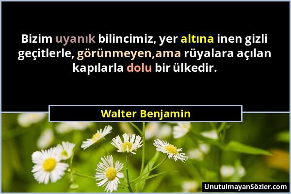 Walter Benjamin - Bizim uyanık bilincimiz, yer altına inen gizli geçitlerle, görünmeyen,ama rüyalara açılan kapılarla dolu bir ülkedir....