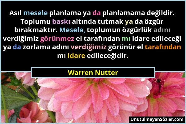 Warren Nutter - Asıl mesele planlama ya da planlamama değildir. Toplumu baskı altında tutmak ya da özgür bırakmaktır. Mesele, toplumun özgürlük adını...