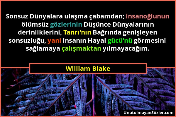 William Blake - Sonsuz Dünyalara ulaşma çabamdan; insanoğlunun ölümsüz gözlerinin Düşünce Dünyalarının derinliklerini, Tanrı'nın Bağrında genişleyen s...