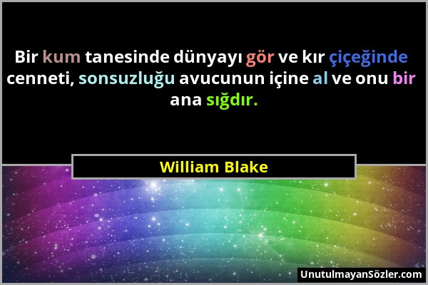 William Blake - Bir kum tanesinde dünyayı gör ve kır çiçeğinde cenneti, sonsuzluğu avucunun içine al ve onu bir ana sığdır....