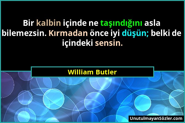 William Butler - Bir kalbin içinde ne taşındığını asla bilemezsin. Kırmadan önce iyi düşün; belki de içindeki sensin....