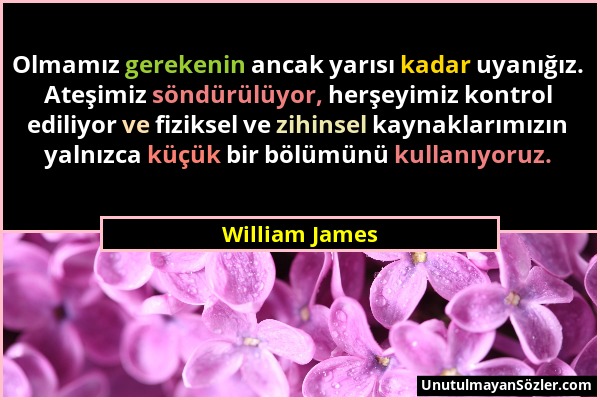 William James - Olmamız gerekenin ancak yarısı kadar uyanığız. Ateşimiz söndürülüyor, herşeyimiz kontrol ediliyor ve fiziksel ve zihinsel kaynaklarımı...