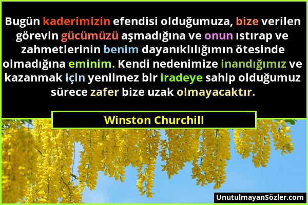 Winston Churchill - Bugün kaderimizin efendisi olduğumuza, bize verilen görevin gücümüzü aşmadığına ve onun ıstırap ve zahmetlerinin benim dayanıklılı...
