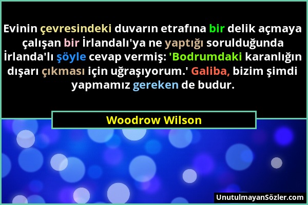 Woodrow Wilson - Evinin çevresindeki duvarın etrafına bir delik açmaya çalışan bir İrlandalı'ya ne yaptığı sorulduğunda İrlanda'lı şöyle cevap vermiş:...