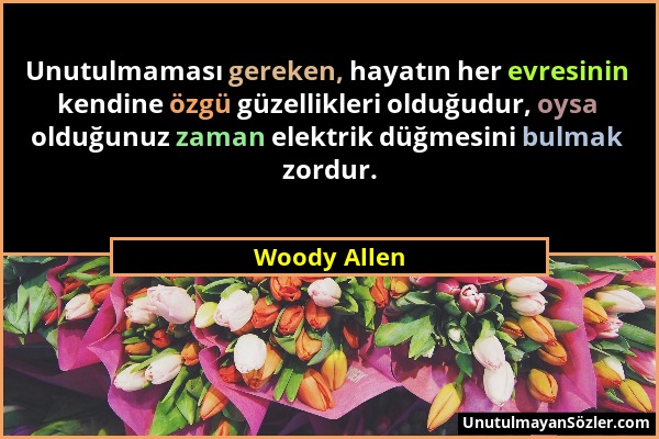 Woody Allen - Unutulmaması gereken, hayatın her evresinin kendine özgü güzellikleri olduğudur, oysa olduğunuz zaman elektrik düğmesini bulmak zordur....