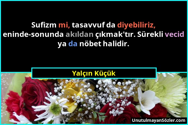 Yalçın Küçük - Sufizm mi, tasavvuf da diyebiliriz, eninde-sonunda akıldan çıkmak'tır. Sürekli vecid ya da nöbet halidir....