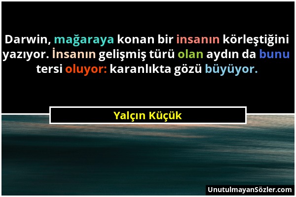 Yalçın Küçük - Darwin, mağaraya konan bir insanın körleştiğini yazıyor. İnsanın gelişmiş türü olan aydın da bunu tersi oluyor: karanlıkta gözü büyüyor...