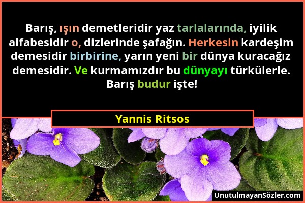 Yannis Ritsos - Barış, ışın demetleridir yaz tarlalarında, iyilik alfabesidir o, dizlerinde şafağın. Herkesin kardeşim demesidir birbirine, yarın yeni...