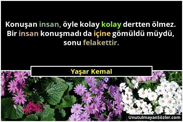 Yaşar Kemal - Konuşan insan, öyle kolay kolay dertten ölmez. Bir insan konuşmadı da içine gömüldü müydü, sonu felakettir....