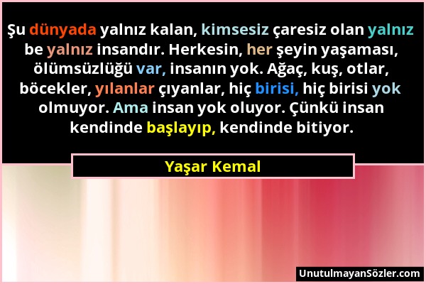 Yaşar Kemal - Şu dünyada yalnız kalan, kimsesiz çaresiz olan yalnız be yalnız insandır. Herkesin, her şeyin yaşaması, ölümsüzlüğü var, insanın yok. Ağ...