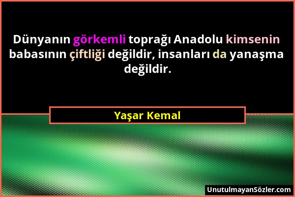 Yaşar Kemal - Dünyanın görkemli toprağı Anadolu kimsenin babasının çiftliği değildir, insanları da yanaşma değildir....