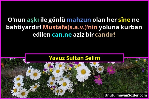 Yavuz Sultan Selim - O'nun aşkı ile gönlü mahzun olan her sîne ne bahtiyardır! Mustafa(s.a.v.)'nin yoluna kurban edilen can,ne aziz bir candır!...