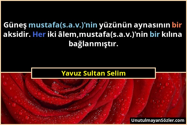 Yavuz Sultan Selim - Güneş mustafa(s.a.v.)'nin yüzünün aynasının bir aksidir. Her iki âlem,mustafa(s.a.v.)'nin bir kılına bağlanmıştır....