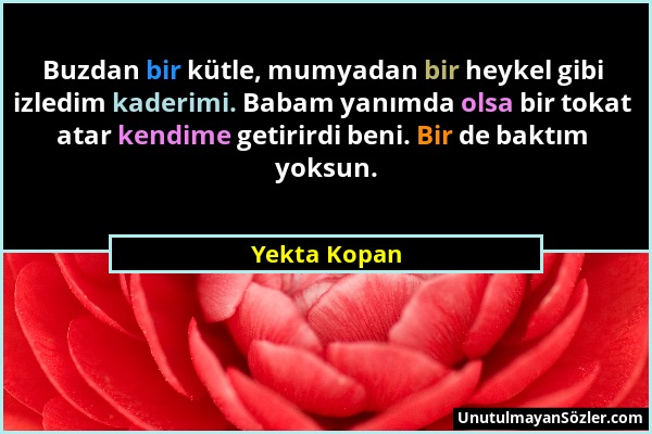 Yekta Kopan - Buzdan bir kütle, mumyadan bir heykel gibi izledim kaderimi. Babam yanımda olsa bir tokat atar kendime getirirdi beni. Bir de baktım yok...