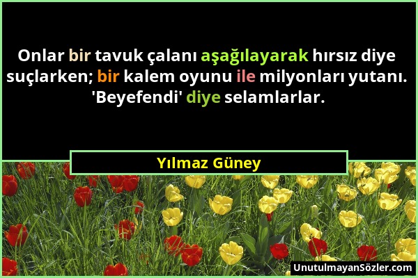 Yılmaz Güney - Onlar bir tavuk çalanı aşağılayarak hırsız diye suçlarken; bir kalem oyunu ile milyonları yutanı. 'Beyefendi' diye selamlarlar....