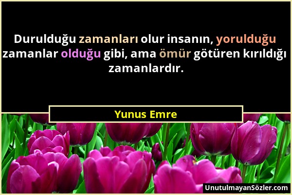 Yunus Emre - Durulduğu zamanları olur insanın, yorulduğu zamanlar olduğu gibi, ama ömür götüren kırıldığı zamanlardır....