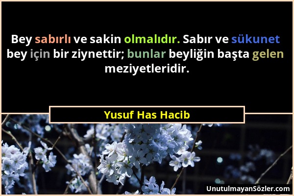 Yusuf Has Hacib - Bey sabırlı ve sakin olmalıdır. Sabır ve sükunet bey için bir ziynettir; bunlar beyliğin başta gelen meziyetleridir....