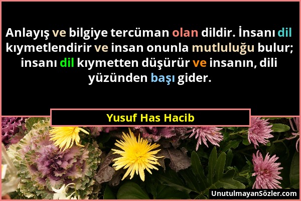 Yusuf Has Hacib - Anlayış ve bilgiye tercüman olan dildir. İnsanı dil kıymetlendirir ve insan onunla mutluluğu bulur; insanı dil kıymetten düşürür ve...