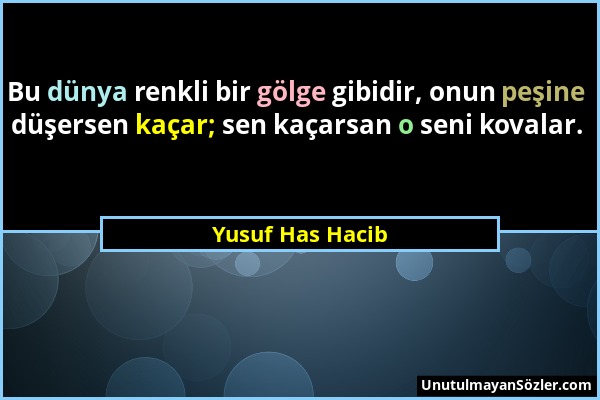 Yusuf Has Hacib - Bu dünya renkli bir gölge gibidir, onun peşine düşersen kaçar; sen kaçarsan o seni kovalar....