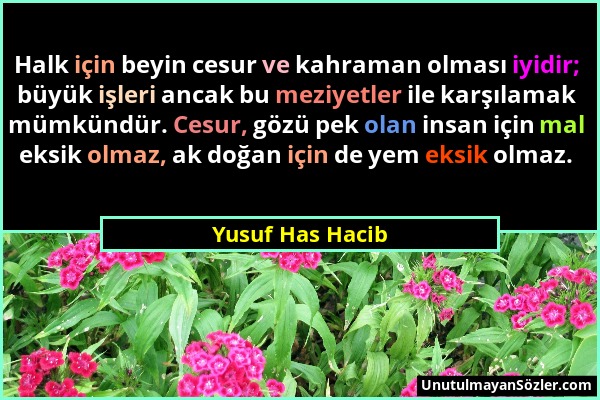 Yusuf Has Hacib - Halk için beyin cesur ve kahraman olması iyidir; büyük işleri ancak bu meziyetler ile karşılamak mümkündür. Cesur, gözü pek olan ins...