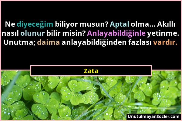 Zata - Ne diyeceğim biliyor musun? Aptal olma... Akıllı nasıl olunur bilir misin? Anlayabildiğinle yetinme. Unutma; daima anlayabildiğinden fazlası va...