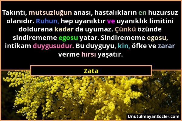 Zata - Takıntı, mutsuzluğun anası, hastalıkların en huzursuz olanıdır. Ruhun, hep uyanıktır ve uyanıklık limitini doldurana kadar da uyumaz. Çünkü özü...