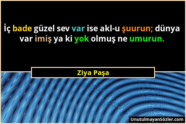 Ziya Paşa - İç bade güzel sev var ise akl-u şuurun; dünya var imiş ya ki yok olmuş ne umurun....