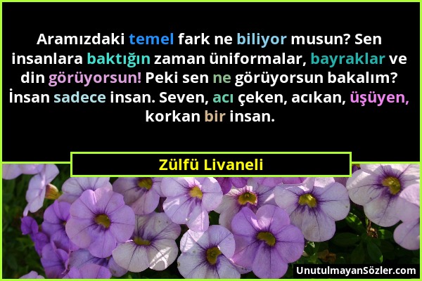 Zülfü Livaneli - Aramızdaki temel fark ne biliyor musun? Sen insanlara baktığın zaman üniformalar, bayraklar ve din görüyorsun! Peki sen ne görüyorsun...